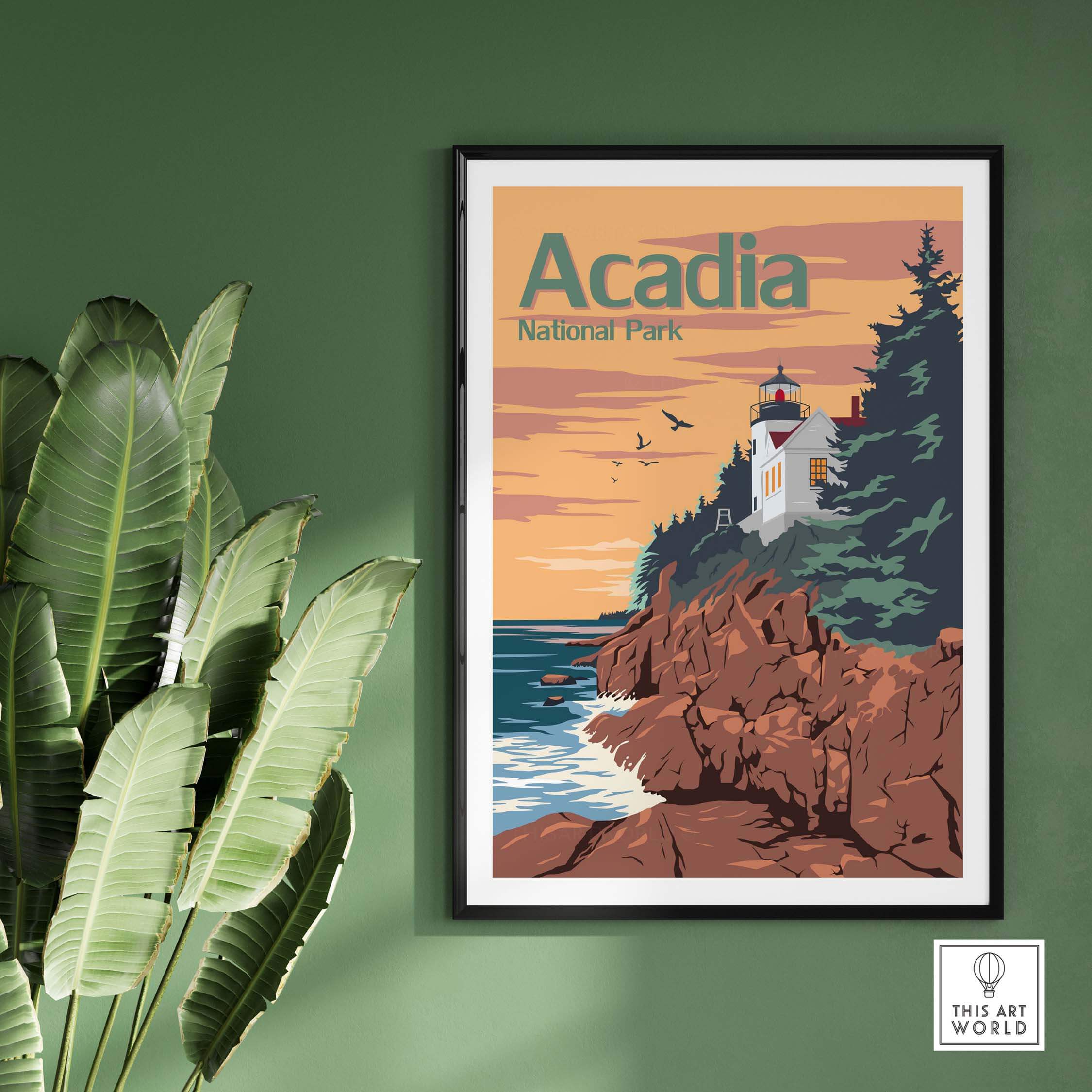 Acadia National Park poster print featuring a scenic lighthouse and rocky coast, framed and ready for home decor.