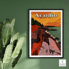 Acadia National Park Print featuring vibrant coastal landscape with sunset, perfect for home or office decor.