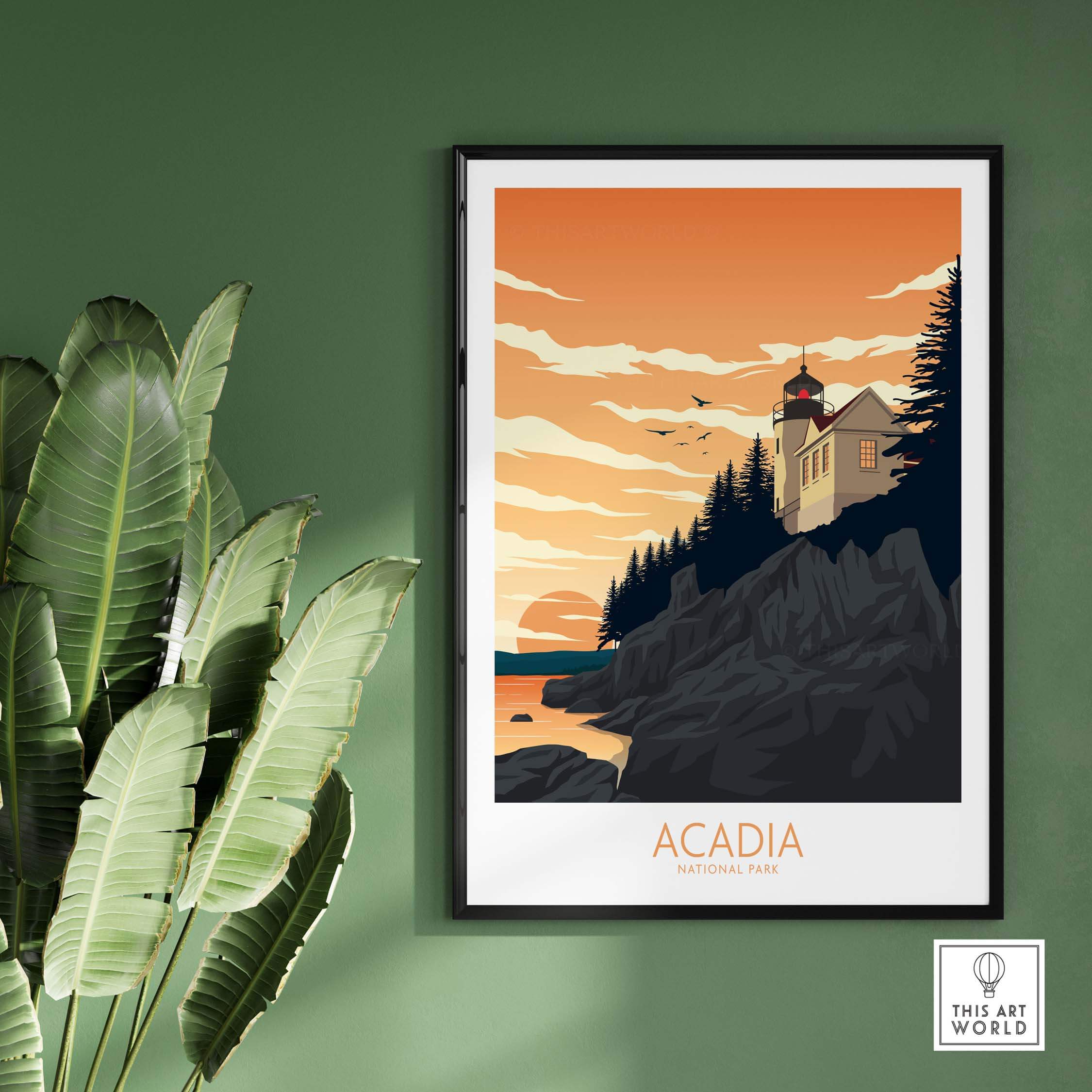Acadia National Park poster art print featuring a sunset over a lighthouse, framed in a stylish setting.