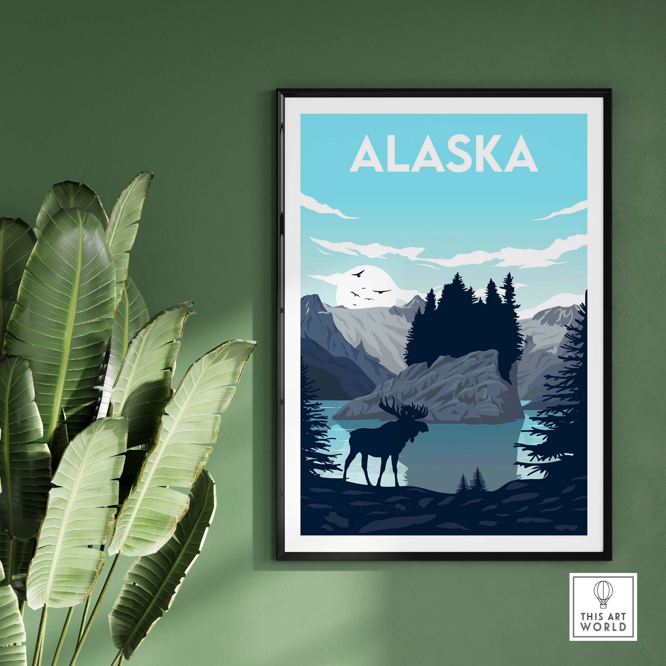 Alaska poster wall art print featuring a moose, mountains, and serene lake against a blue sky.