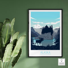 Framed Alaska travel poster featuring a moose, mountains, and lake, perfect wall art for home decor.