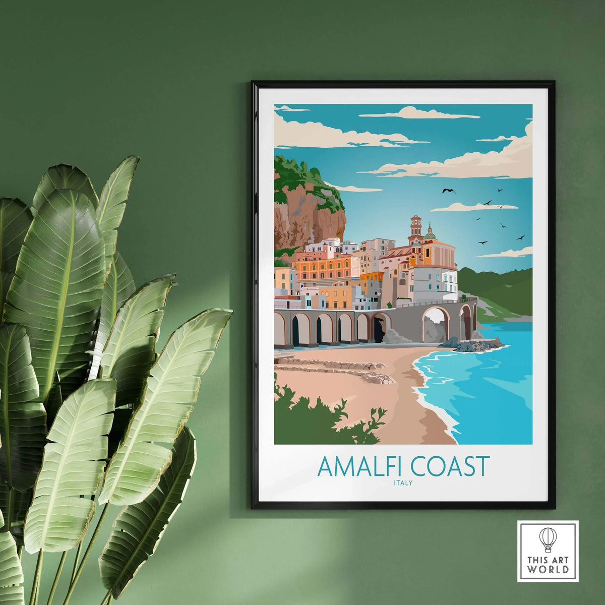 Amalfi Coast poster artwork featuring vibrant colors and seaside scenery in a stylish frame.