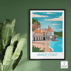 Amalfi Coast poster artwork featuring vibrant colors and seaside scenery in a stylish frame.