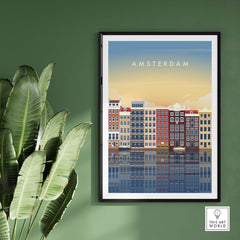 Amsterdam Wall Art Poster Print showcasing colorful canal houses against a sunset sky, ideal for home decor.