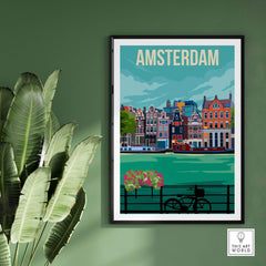 Vintage Amsterdam print poster wall art featuring Dutch canal houses and bicycle, perfect for home decor.