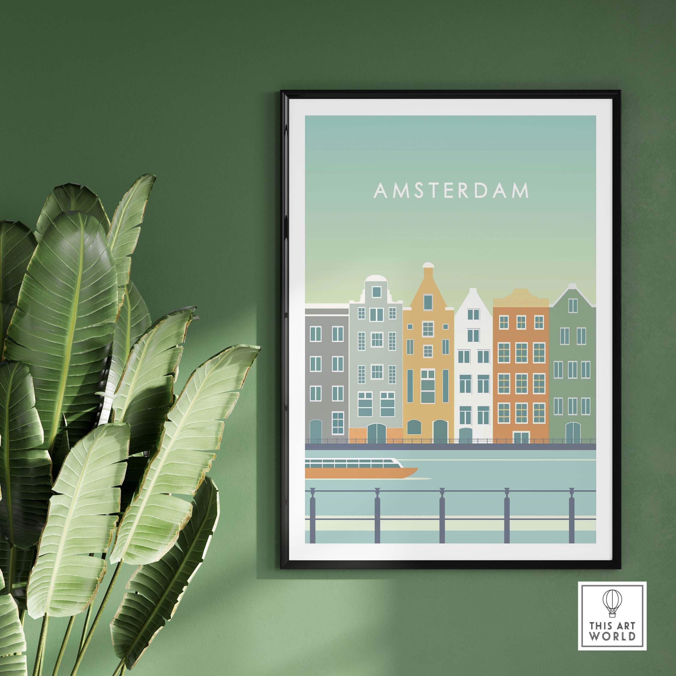 Amsterdam Print Wall Art Poster featuring canal houses and a boat, perfect for home or office decor.