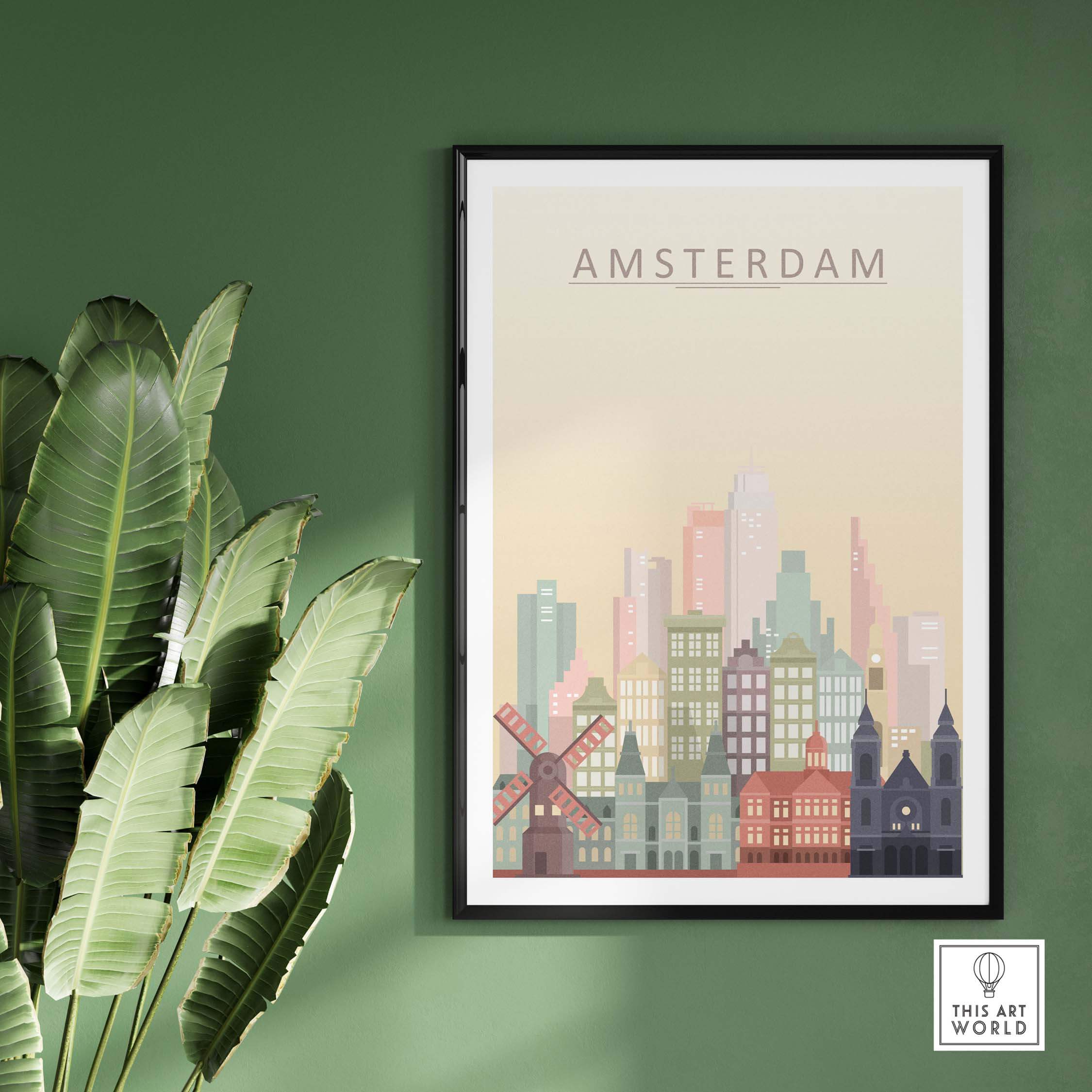 Amsterdam skyline print featuring iconic buildings and windmills in soft pastel tones, perfect for wall decor.