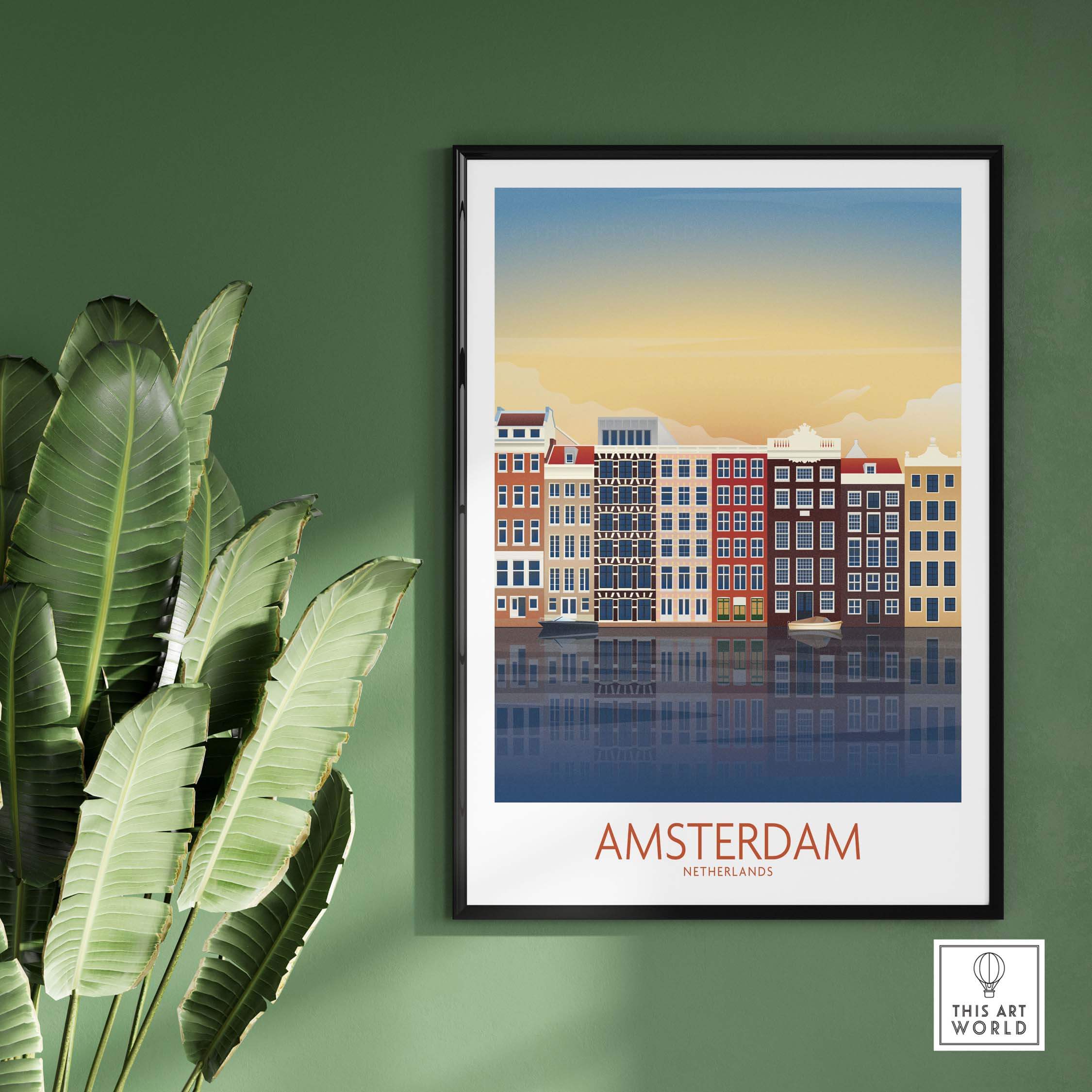 Amsterdam wall art print featuring colorful buildings by the water, framed on a green wall.