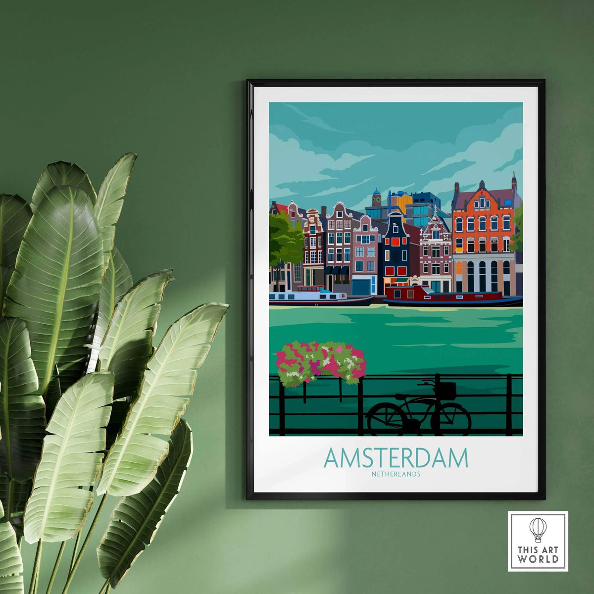 Amsterdam Poster Print featuring colorful buildings and a bike against a green backdrop, ideal for home decor.