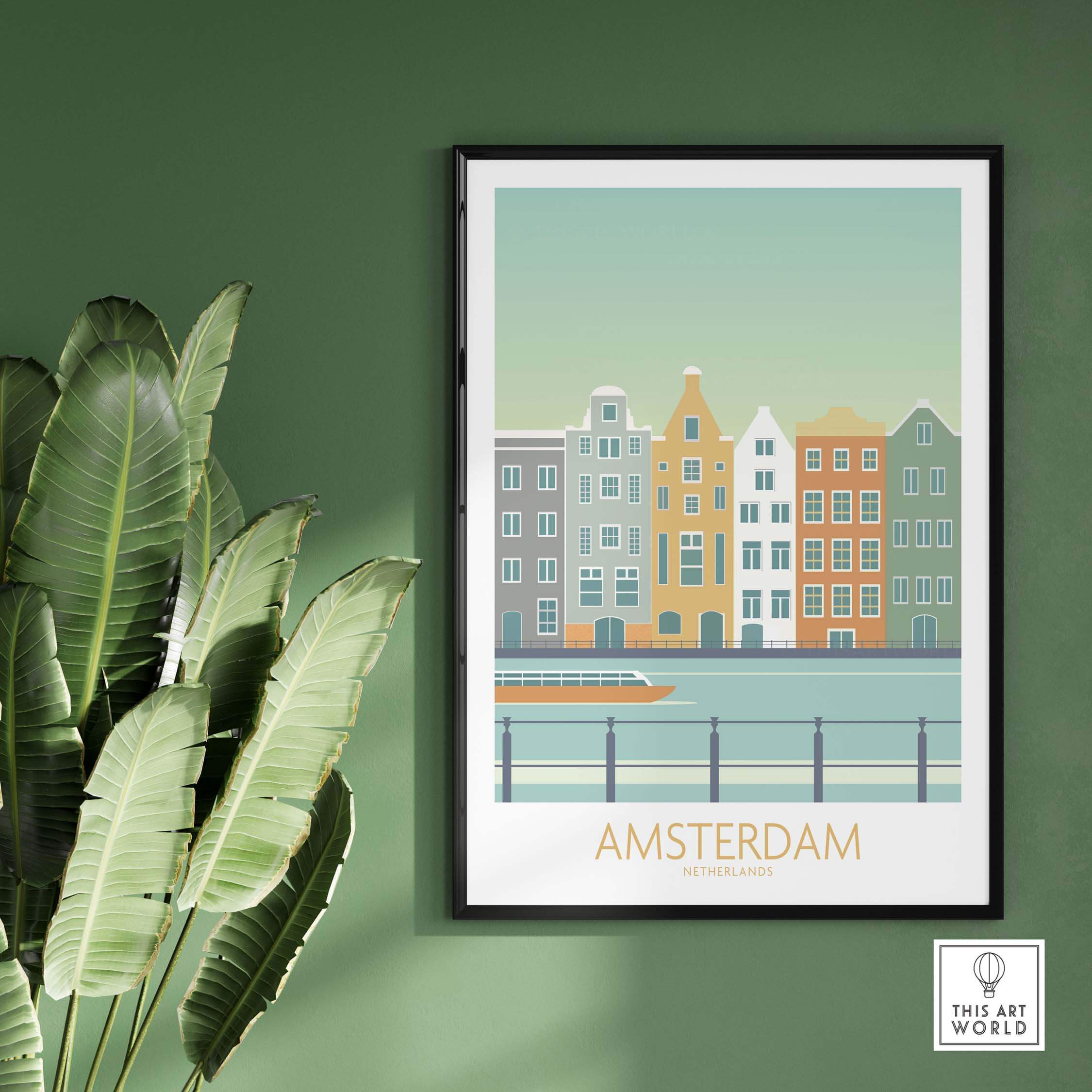 Amsterdam vintage travel print framed on green wall, showcasing colorful buildings and a canal scene.
