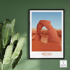 Minimalist Arches National Park art print on wall, featuring iconic red rock arch and nature-inspired design.