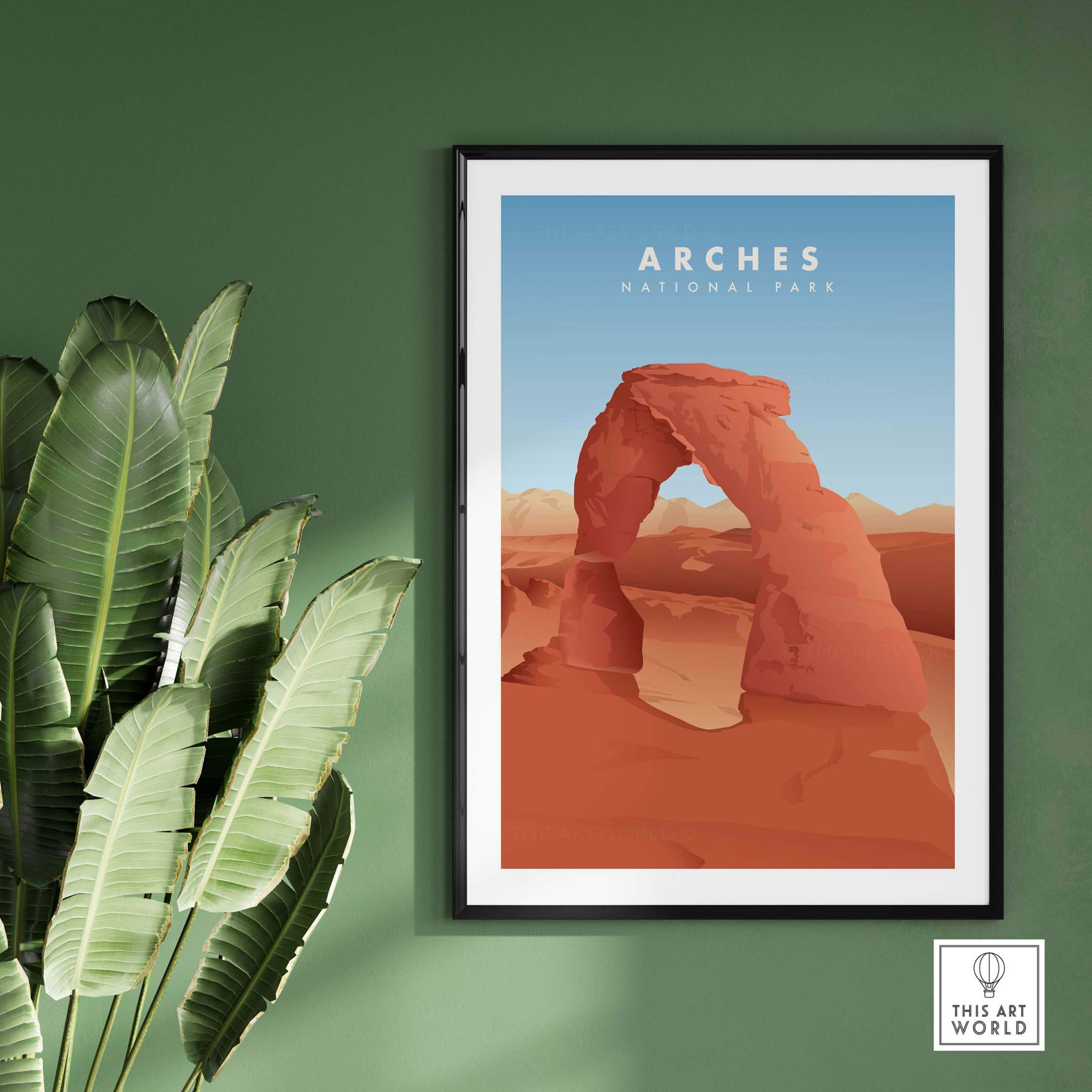 Framed Arches National Park art print featuring iconic landscape and minimalist design for stylish decor.