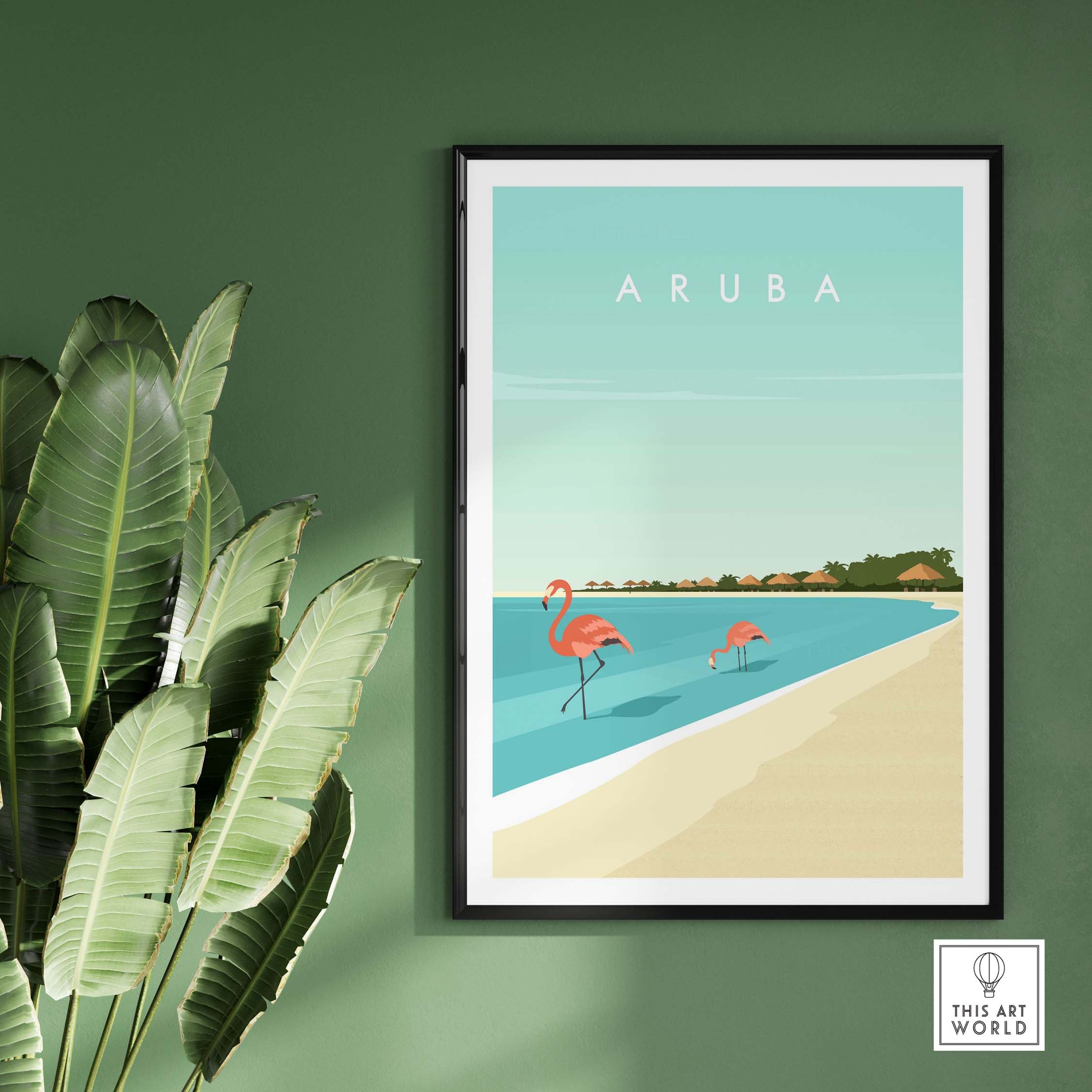 Aruba Wall Art Print featuring pink flamingos by a beach, minimalist vintage style for home decor.