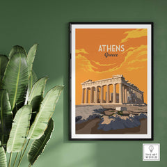 Athens Print Greece Poster featuring the Parthenon with orange sky, perfect for wall art in home or office.
