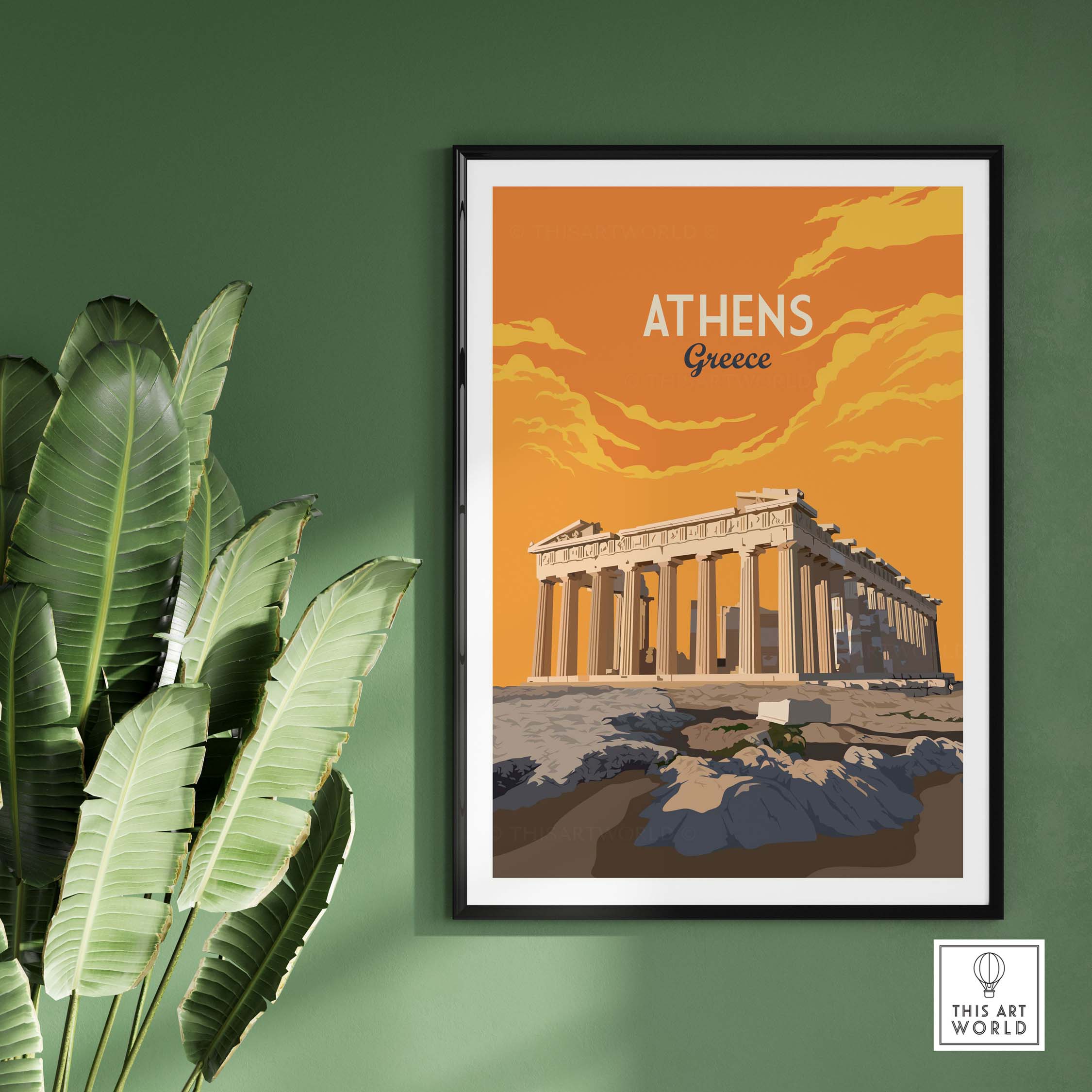 Athens Print Greece Poster featuring the Parthenon with orange sky, perfect for wall art in home or office.