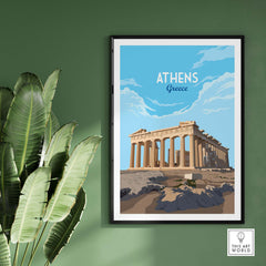 Vintage-style Athens Greece art print featuring the Parthenon against a blue sky.