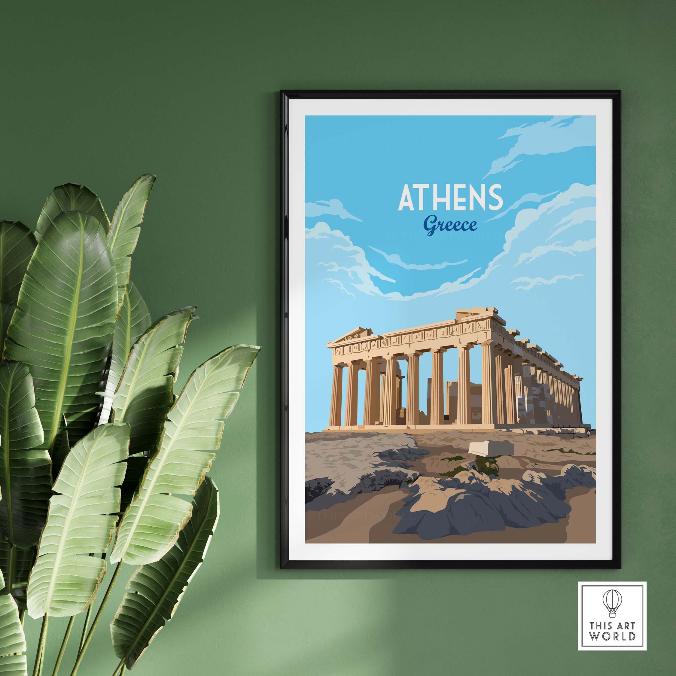 Vintage-style Athens Greece art print featuring the Parthenon against a blue sky.