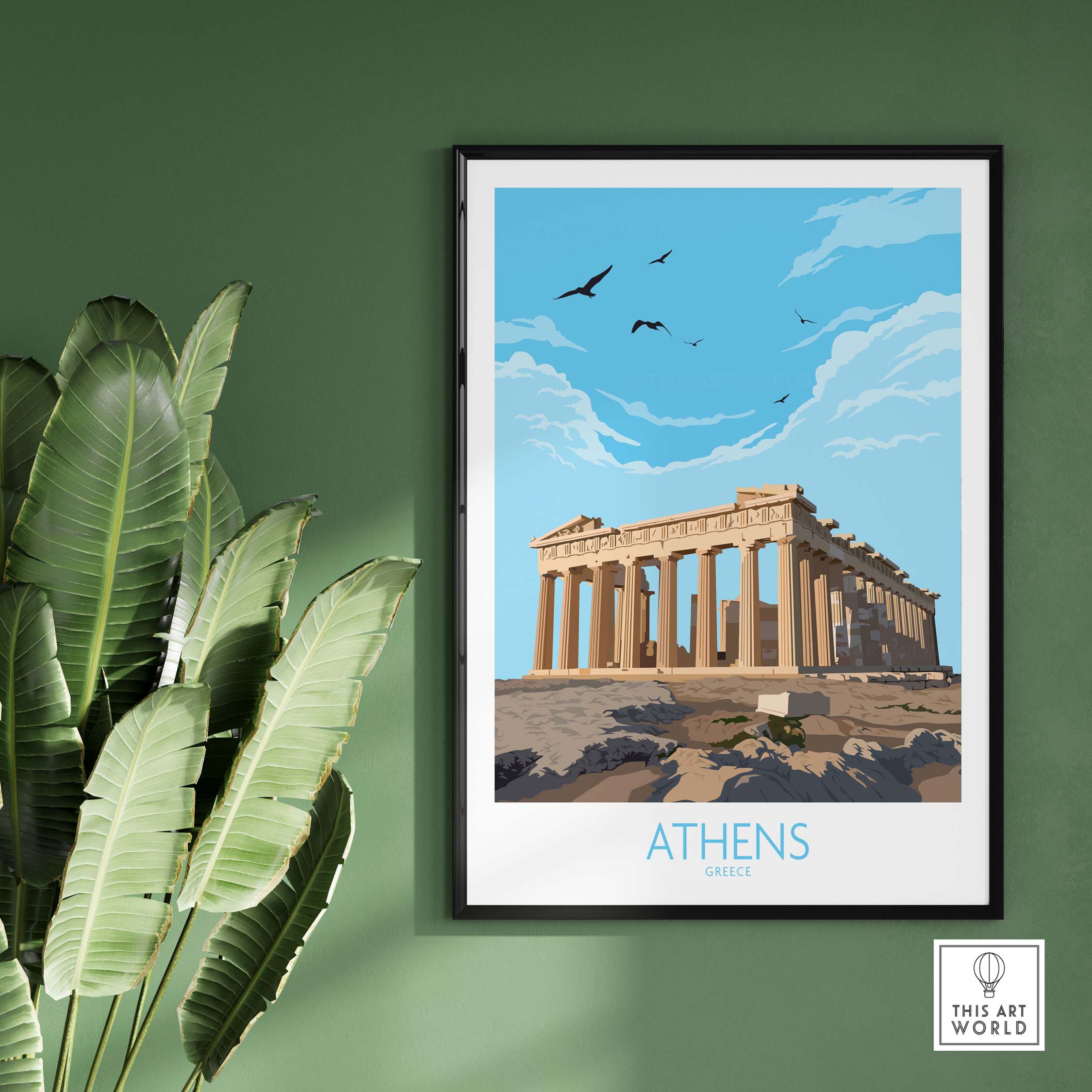 Athens Greece wall art poster featuring the Parthenon, minimalist style, perfect for home or office decor.