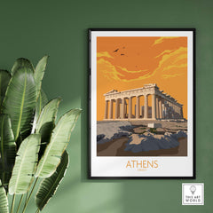 Athens travel poster featuring the Parthenon, styled with warm colors, perfect for home or office decor.