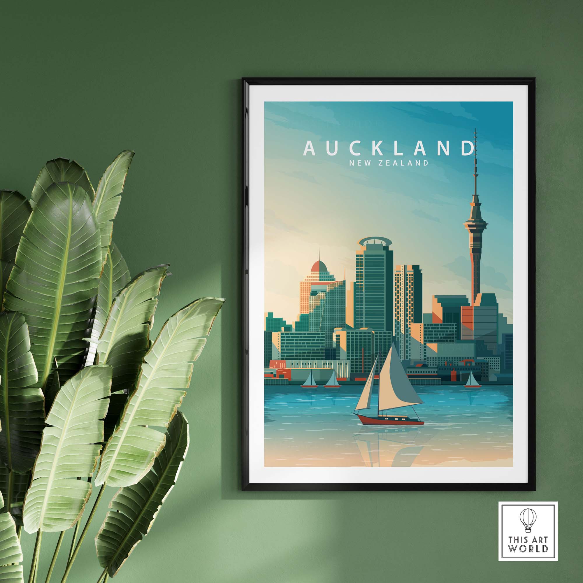 Auckland travel poster print featuring iconic skyline and sailboat, perfect for home decor. Vintage minimalist style.