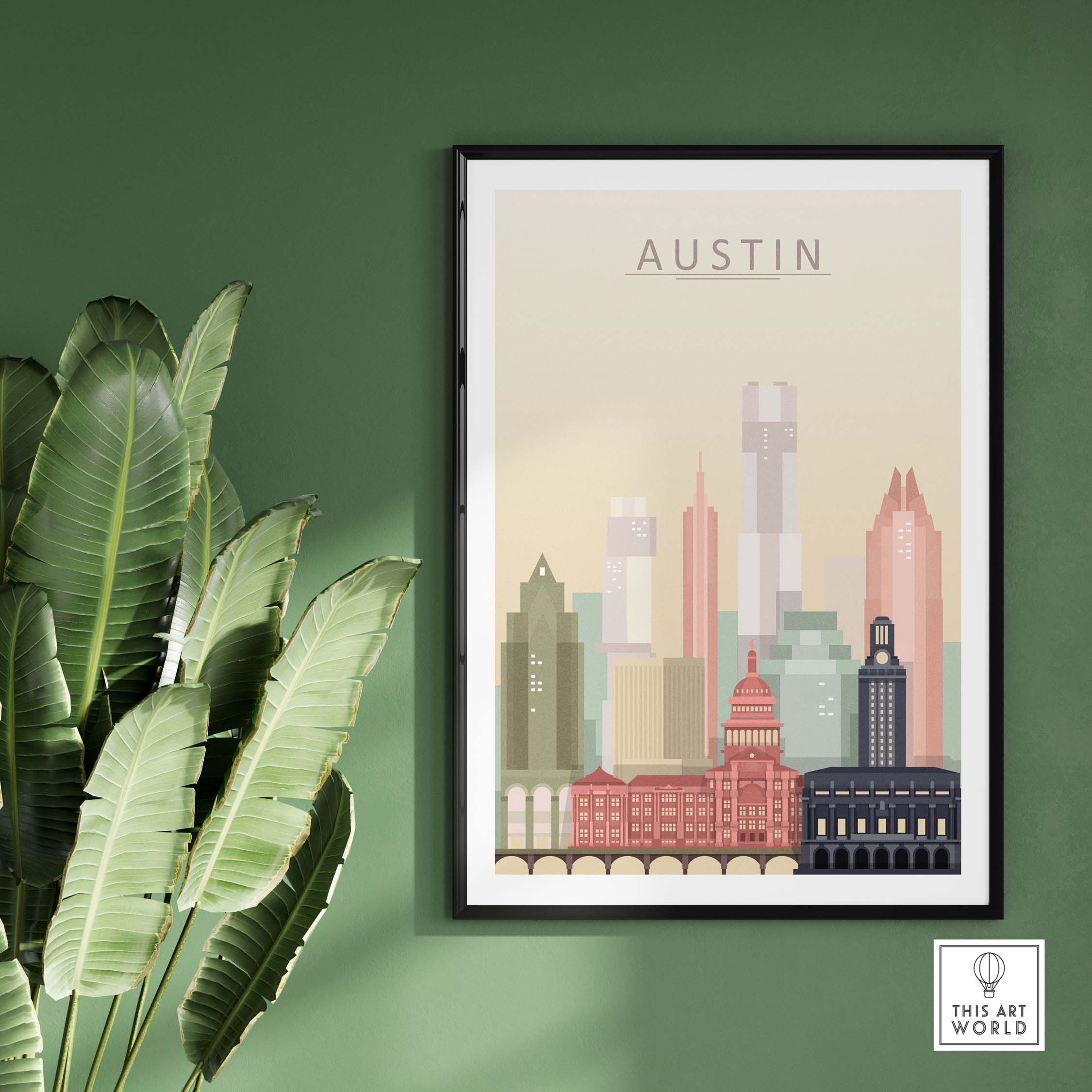 Austin Texas skyline wall art print framed in a modern interior with green wall decor.