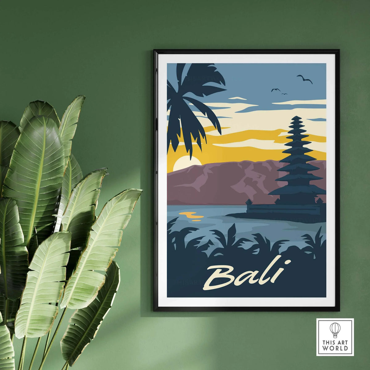 Bali Poster Wall Art featuring vintage landscape design with palm trees and temple, perfect for home décor.