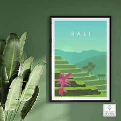 Bali Print Wall Art Poster featuring lush green terraces and tropical plants, perfect for travel-inspired decor.