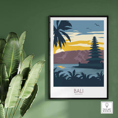 Bali Travel Poster depicting iconic landscape and temple, perfect wall art for travel enthusiasts.