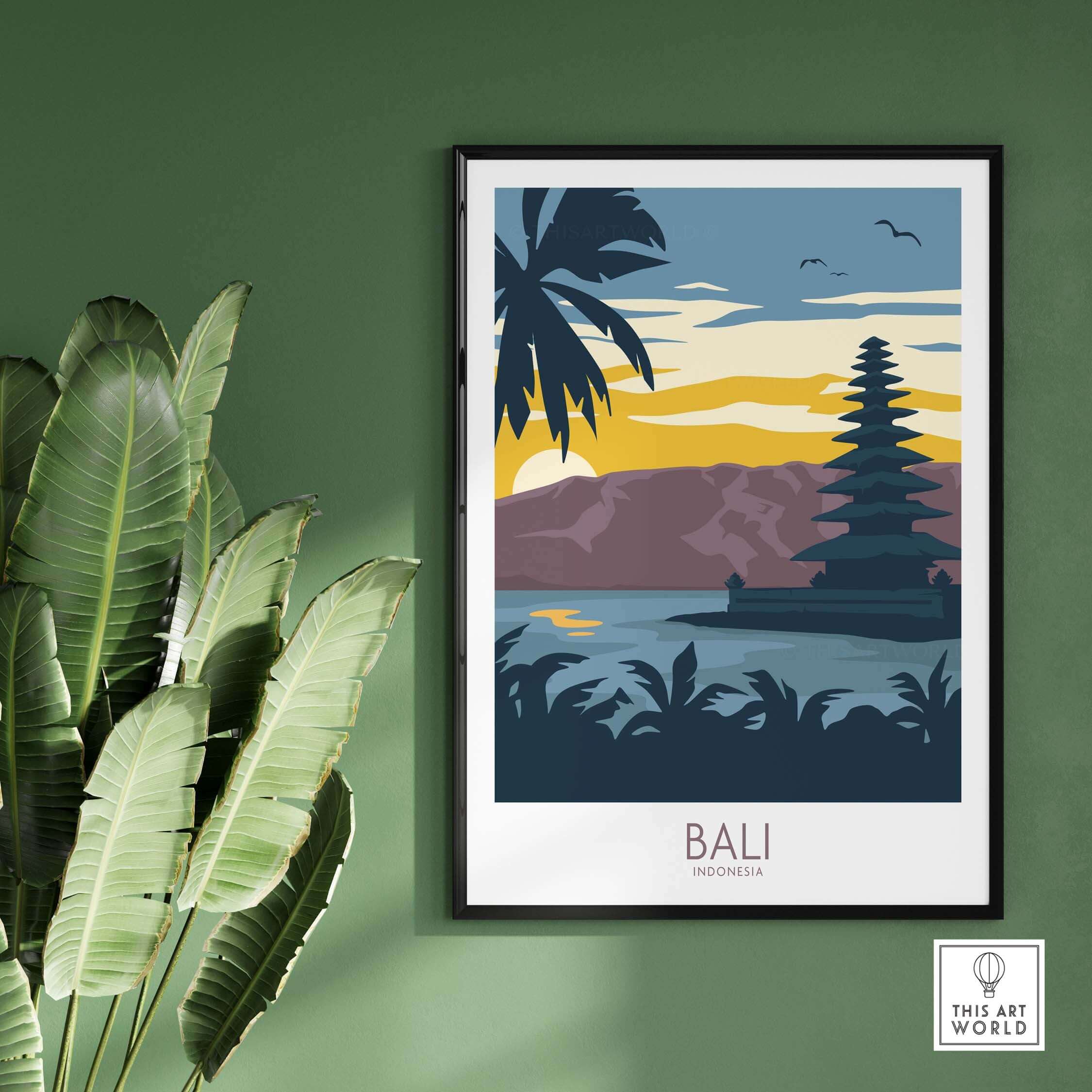 Bali Travel Poster depicting iconic landscape and temple, perfect wall art for travel enthusiasts.