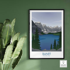 Banff National Park Art Print featuring serene mountains and lake, perfect for nature lovers and home decor.