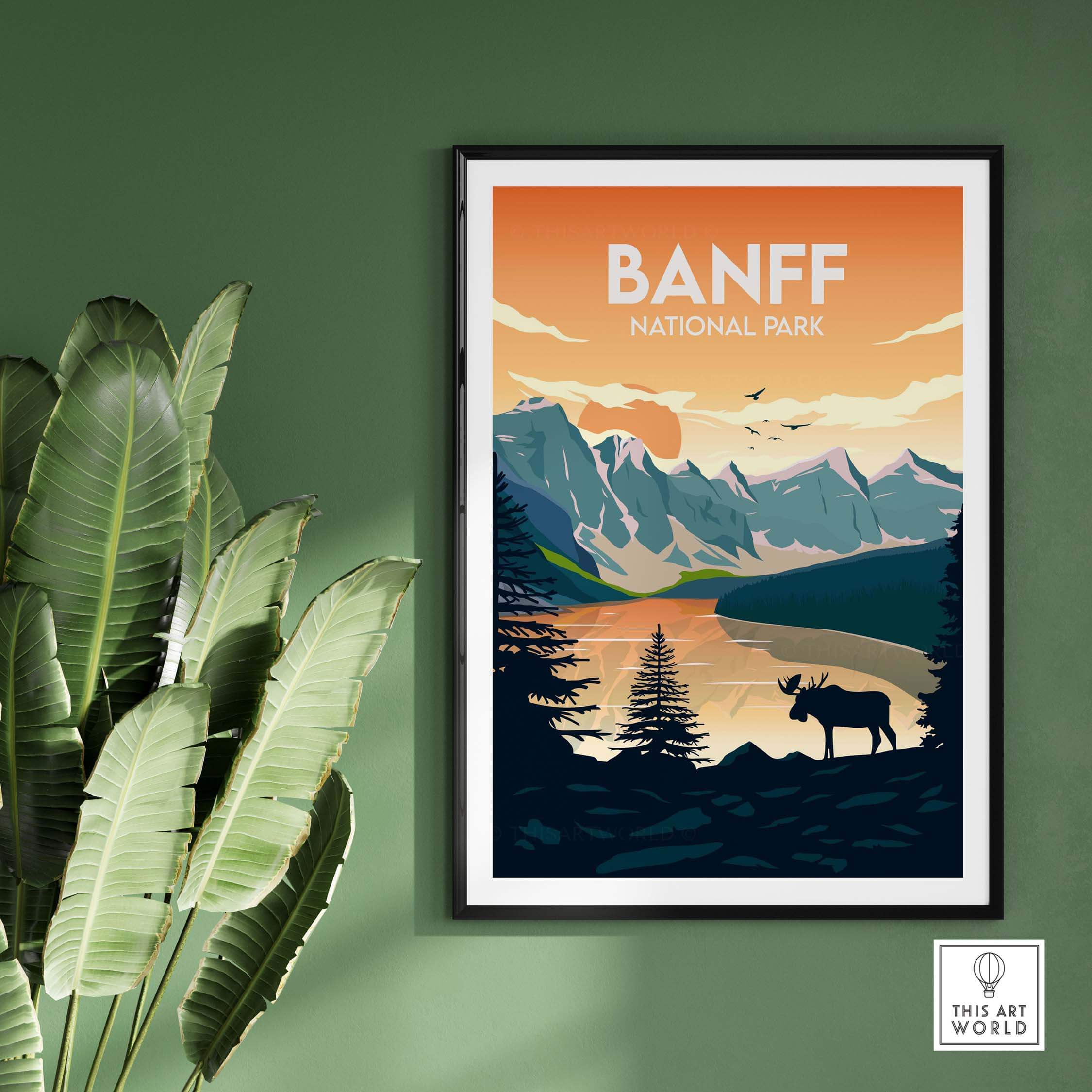 Banff National Park poster featuring mountains, a moose, and serene landscape in minimalist style.