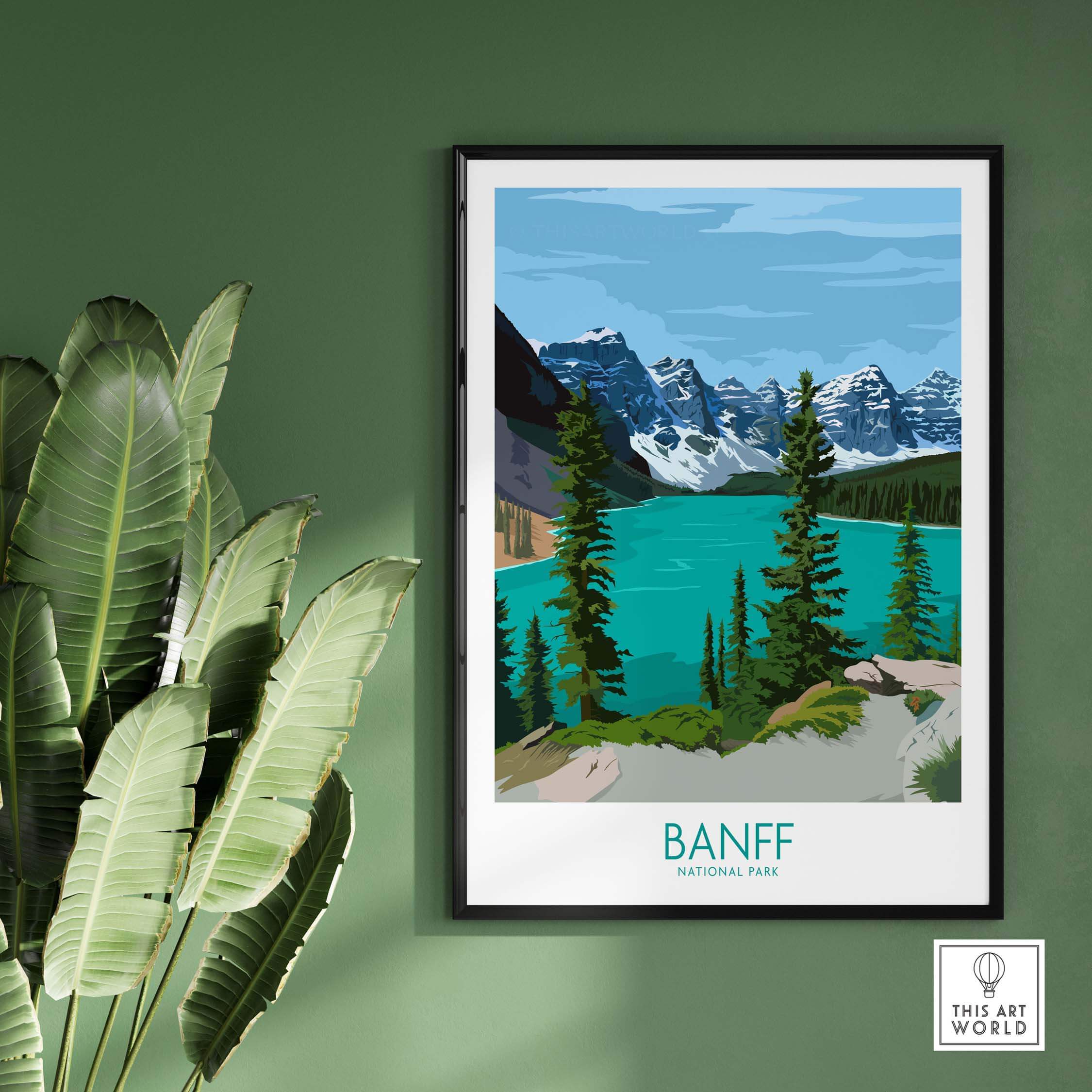 Banff Poster Print Wall Art showcasing mountains and turquoise lake, perfect for home or office decor.