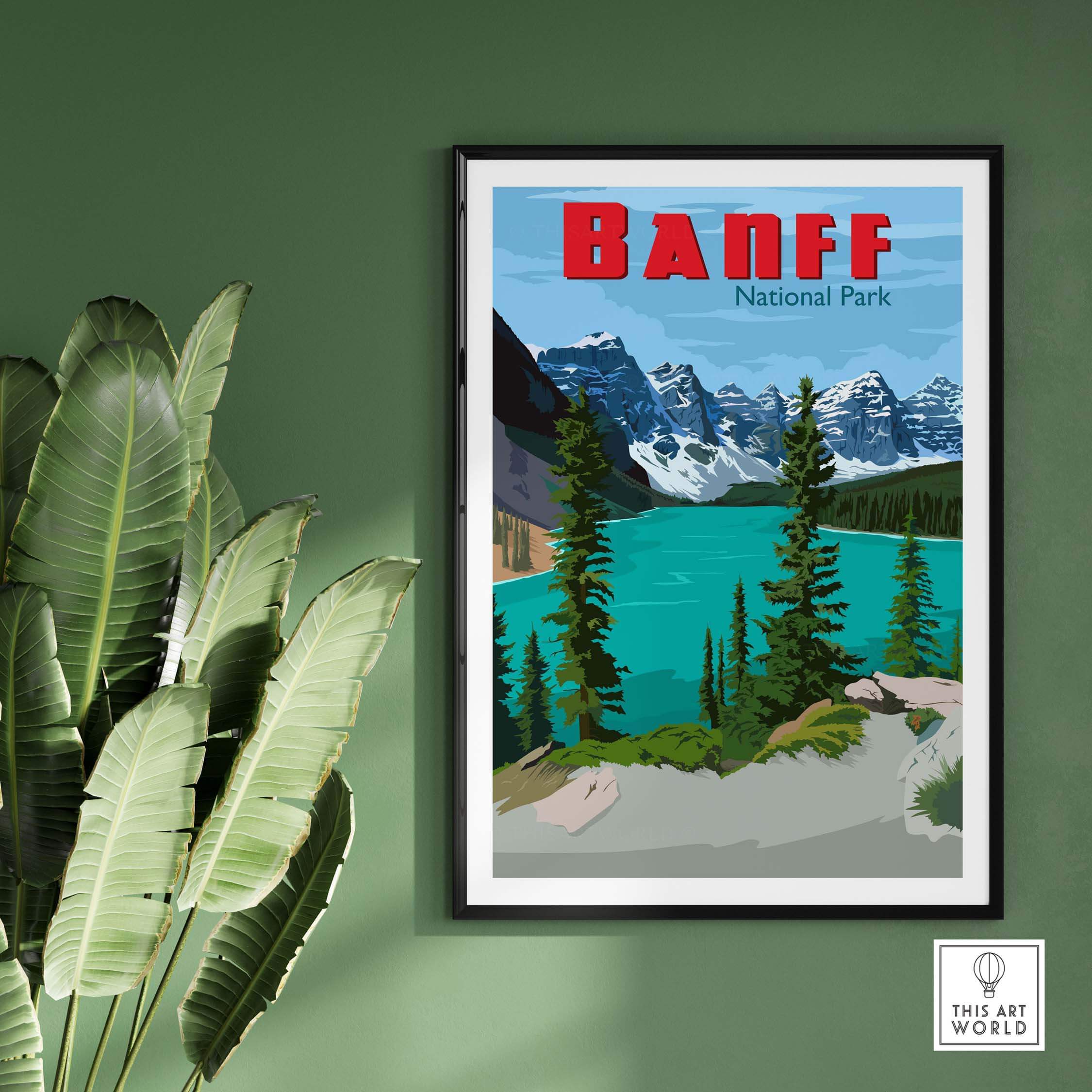 Banff National Park vintage poster featuring mountains and turquoise lake, framed in a stylish home setting.