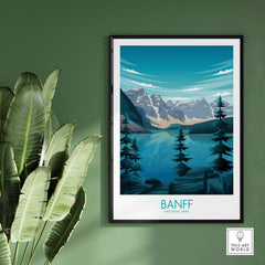 Banff National Park minimalist poster featuring serene lake and mountains, ideal for nature-inspired home decor.