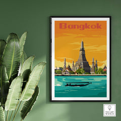 Bangkok vintage print poster wall art featuring iconic architecture and vibrant colors, perfect for home decoration.