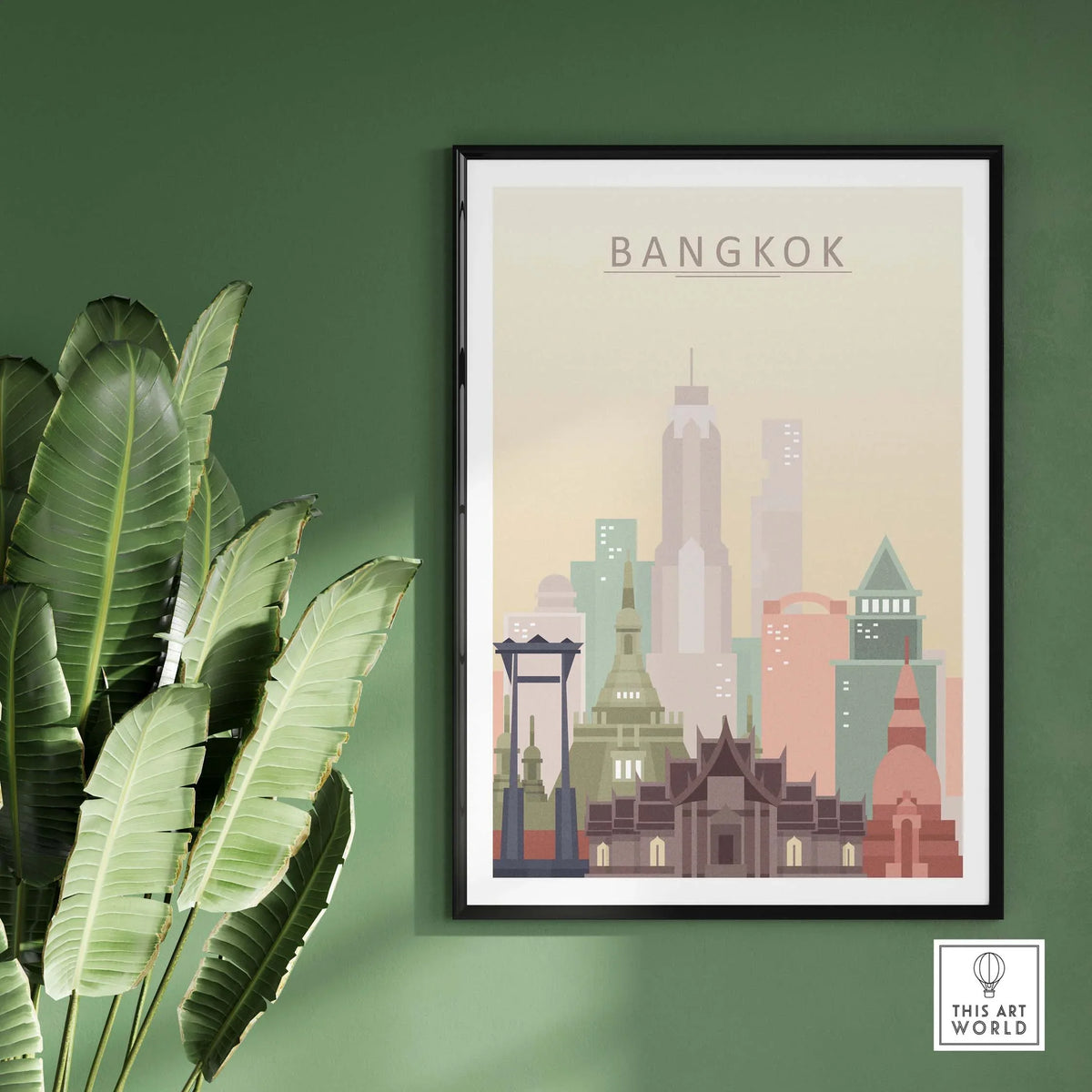 Bangkok Skyline Poster Print showcasing iconic architecture in warm pastel tones against a green wall.