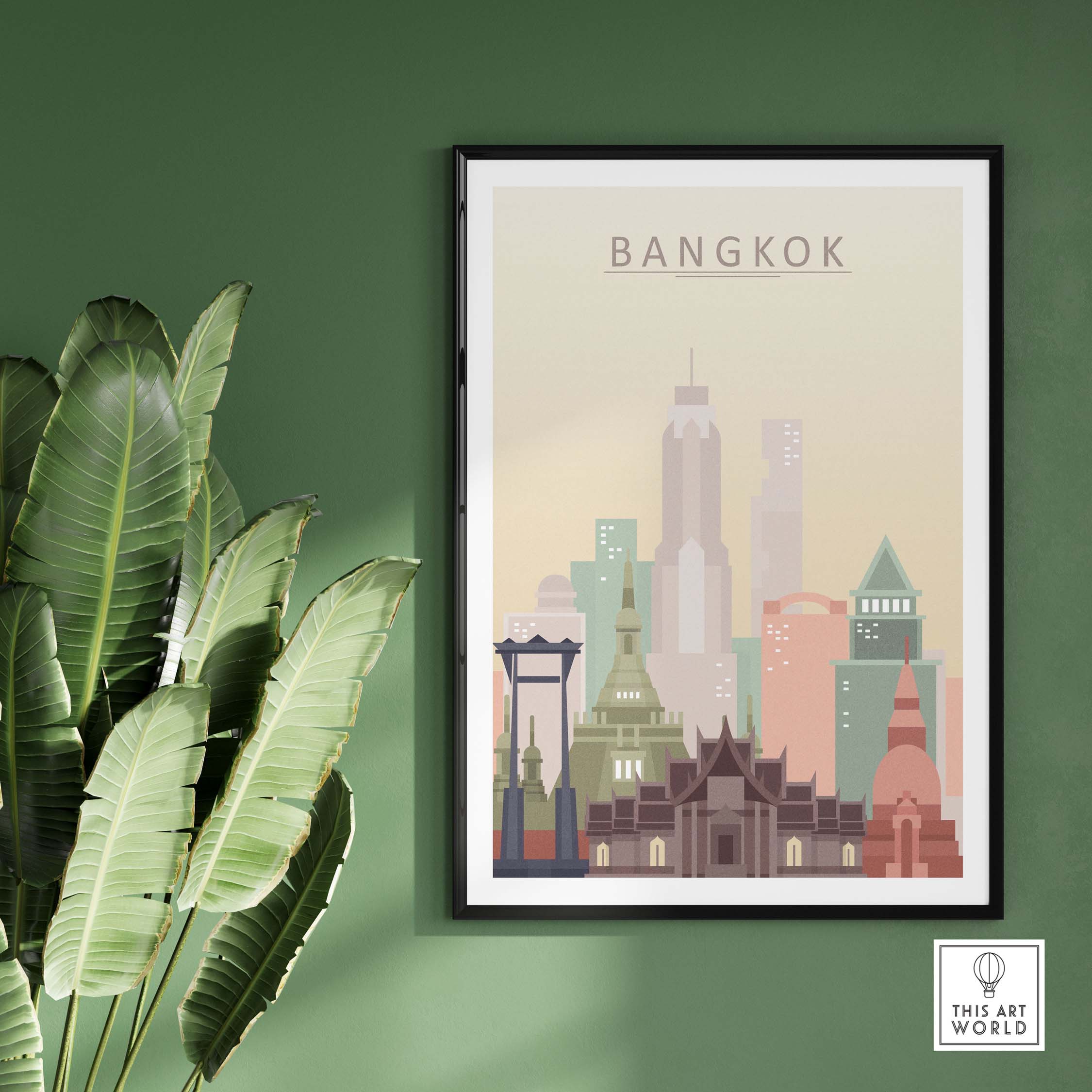 Bangkok Skyline Poster Print showcasing iconic architecture in warm pastel tones against a green wall.