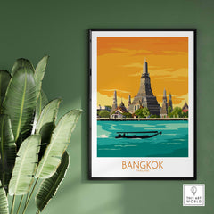Bangkok travel poster showcasing temples and a boat against a sunset backdrop, perfect for stylish wall art.