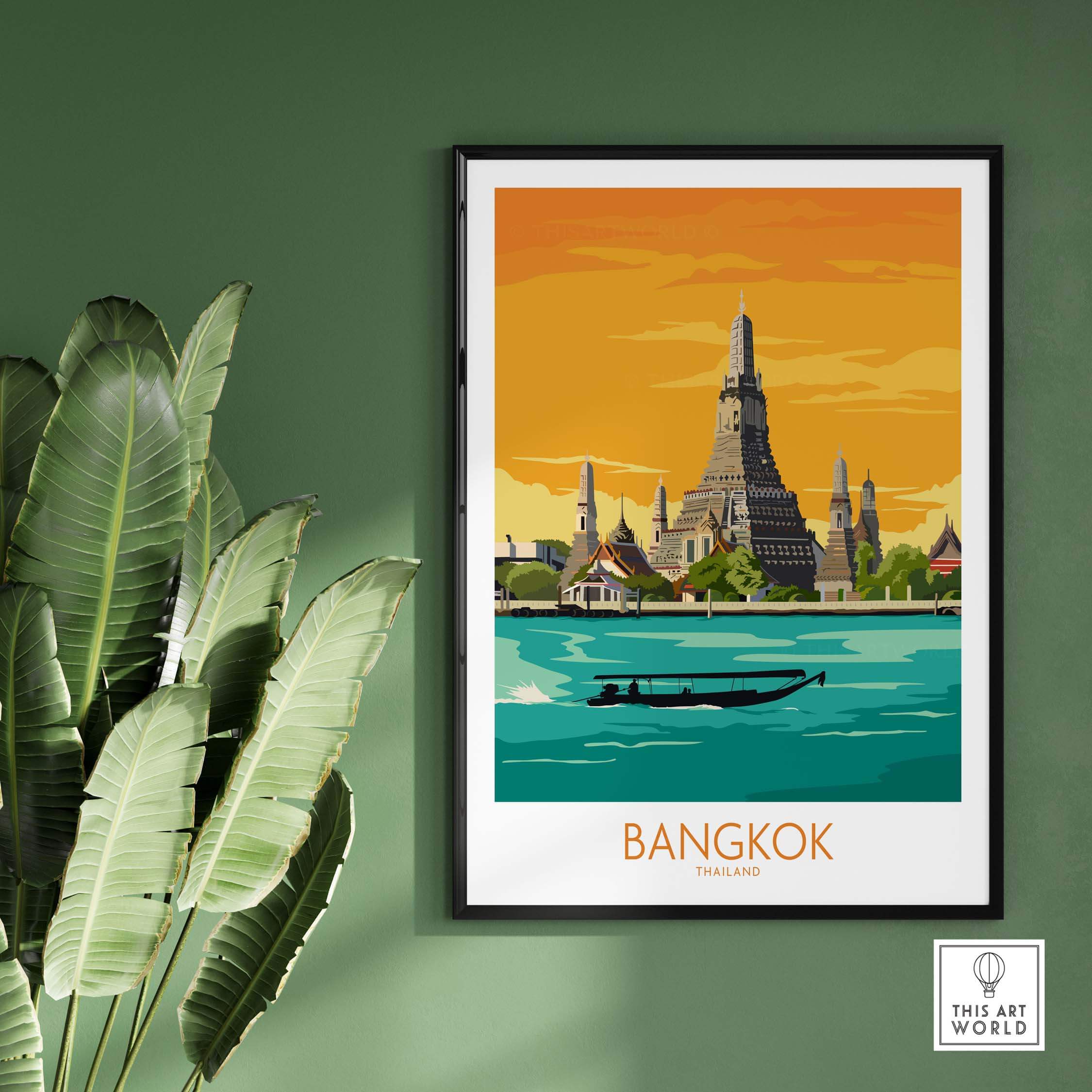 Bangkok travel poster showcasing temples and a boat against a sunset backdrop, perfect for stylish wall art.