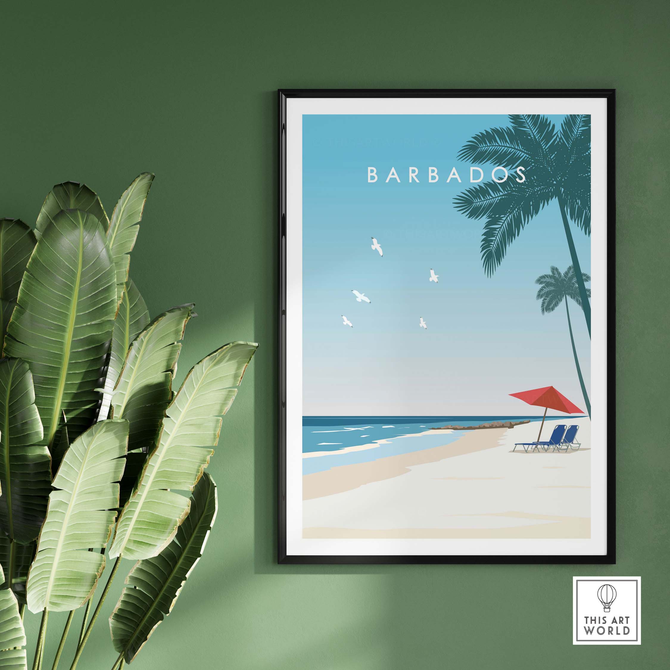 Barbados travel poster featuring a beach scene with palm trees and lounge chairs, ideal for home or office decor.