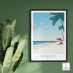 Framed Barbados travel print featuring a beach, palm trees, and a vibrant sunset. Perfect wall art for travel lovers.