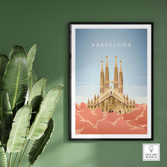 Barcelona wall art poster print featuring Sagrada Familia in a stylish frame against a green wall.