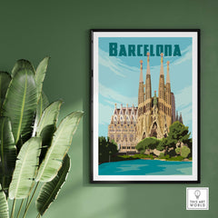 Vintage Barcelona print poster featuring Sagrada Família, stylish wall art for travel enthusiasts.