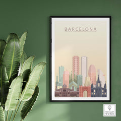 Barcelona skyline print in pastel colors framed on a green wall, showcasing iconic landmarks like Sagrada Família.