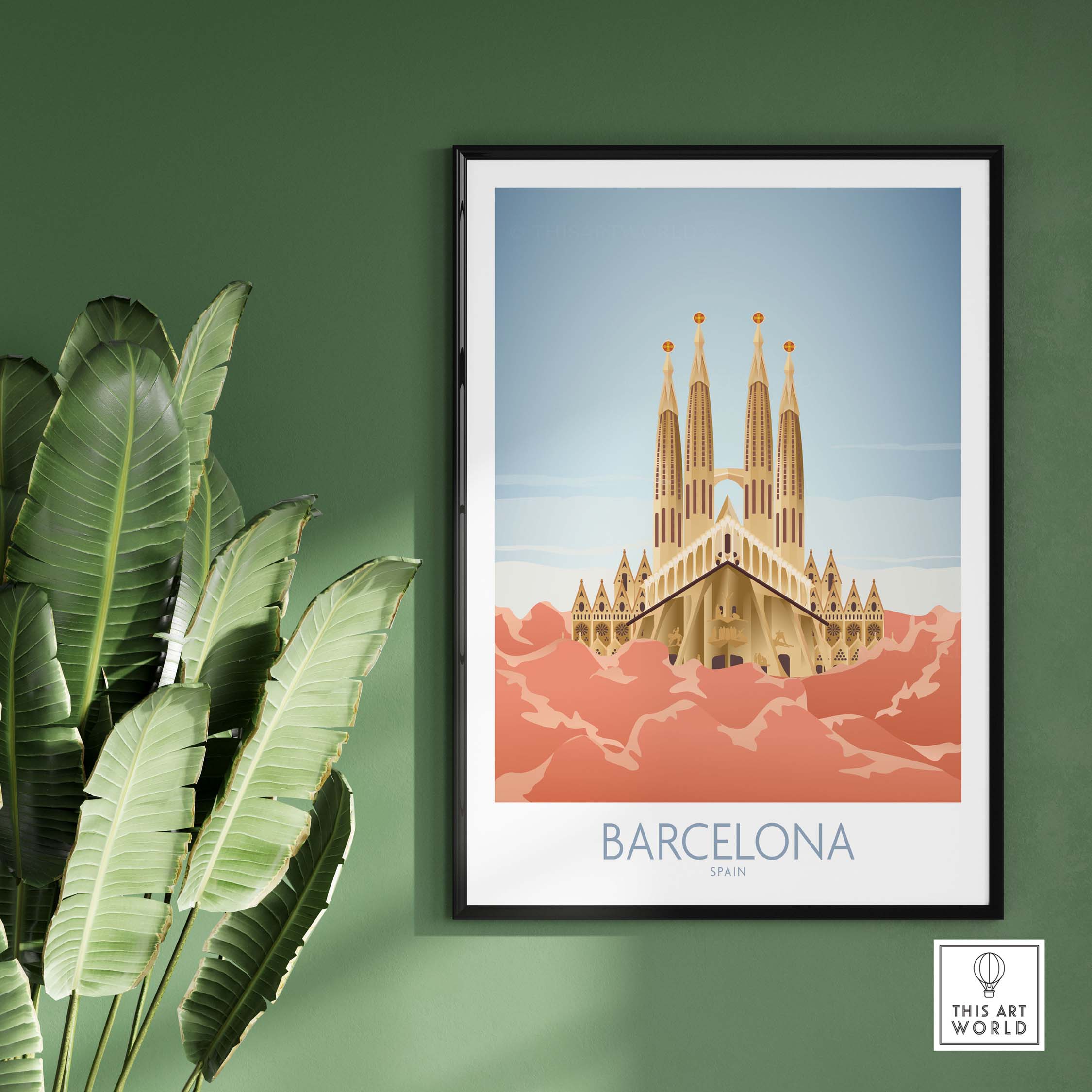 Barcelona Wall Art Print featuring Sagrada Familia on a green wall, perfect for home or office decor.
