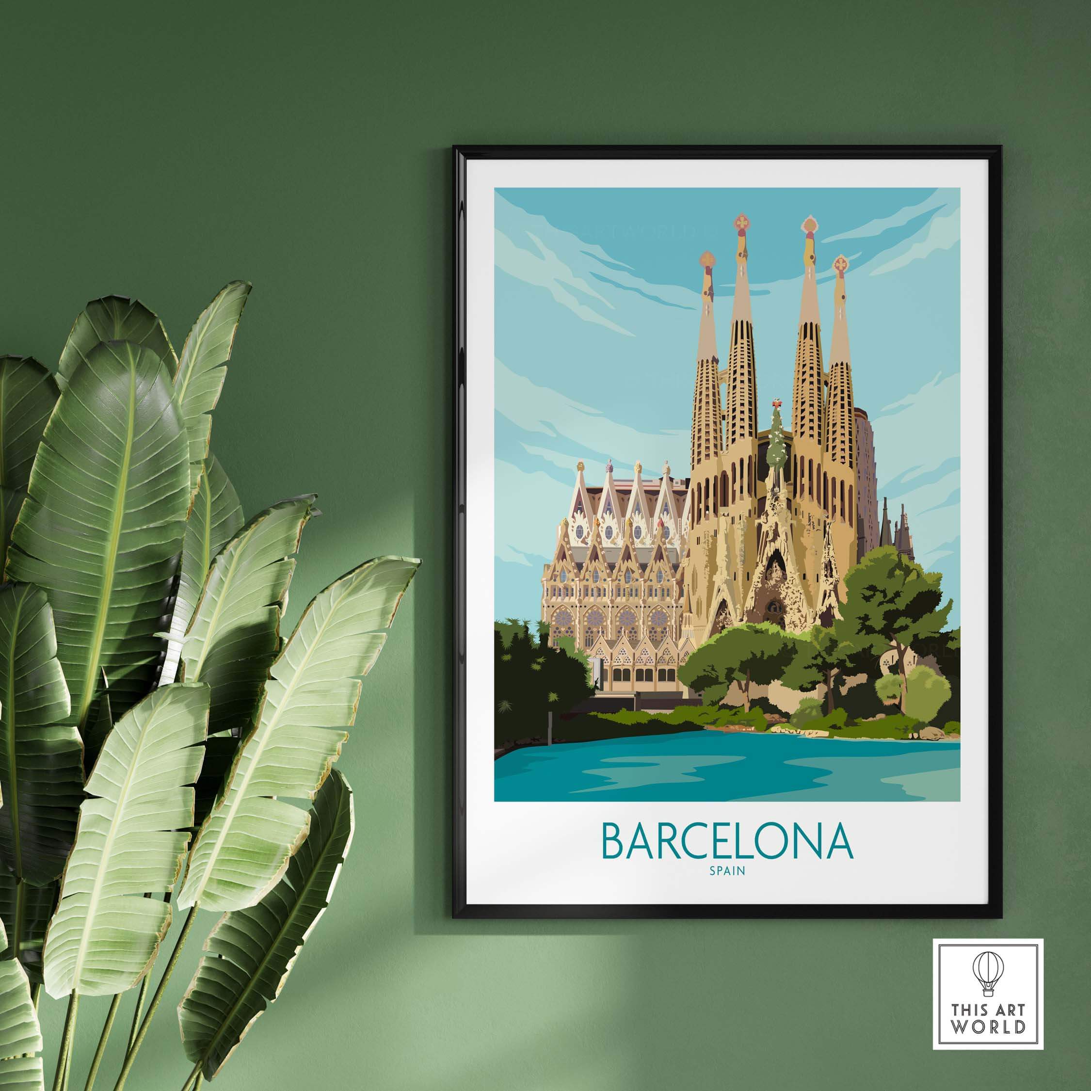 Barcelona poster featuring Sagrada Familia, vintage travel art print for home or office decor.