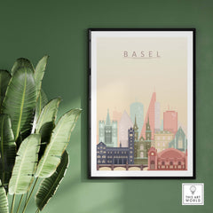 Basel City Skyline wall art print featuring iconic architecture in warm pastel tones.