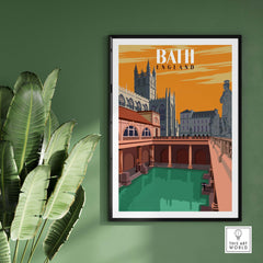 Bath England Print Wall Art featuring vintage style illustration of Bath's architecture and green water.