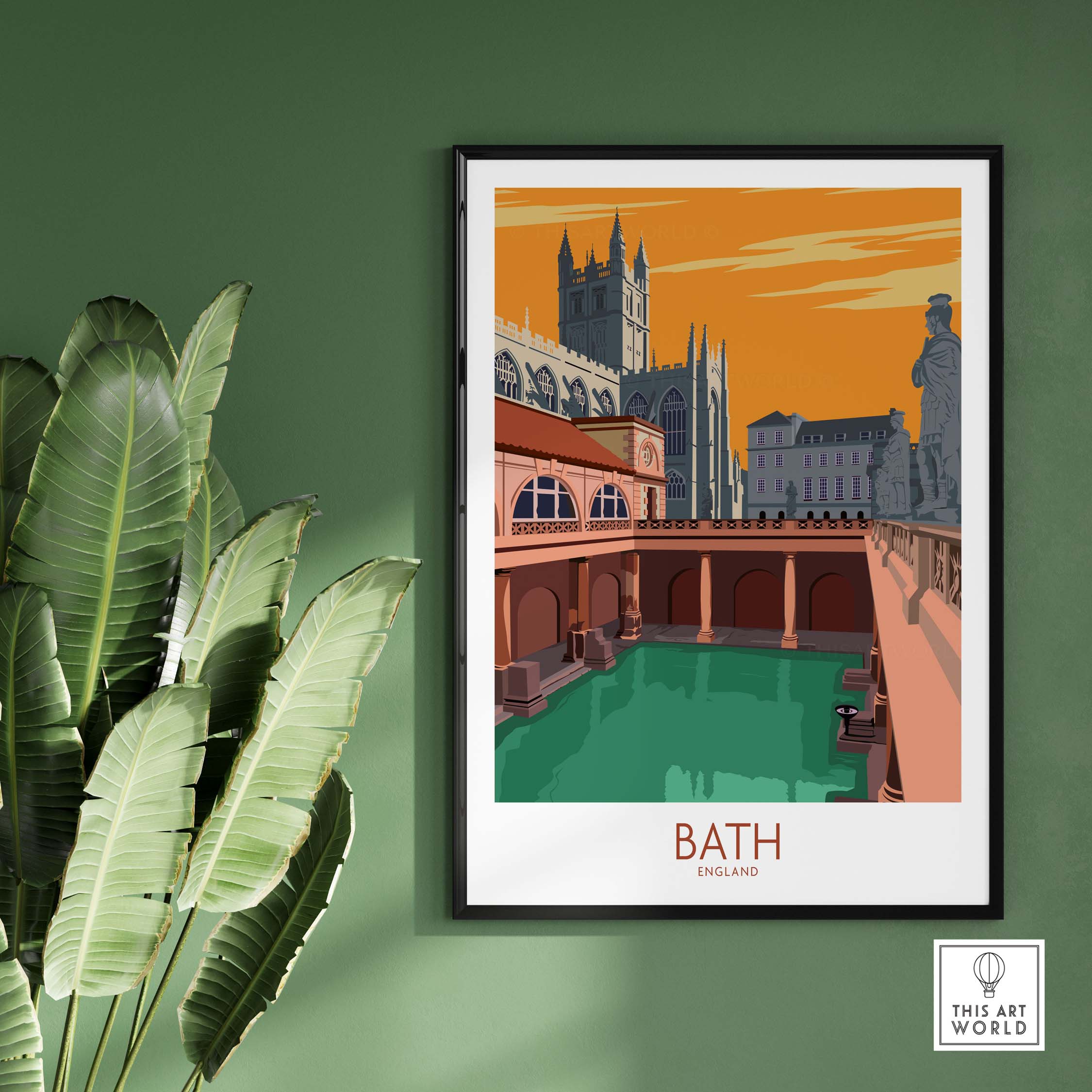 Bath travel poster showcasing iconic architecture in England, framed artwork for stylish home decor.