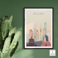 Beijing skyline wall art print featuring iconic buildings and pastel colors, perfect for home decor.